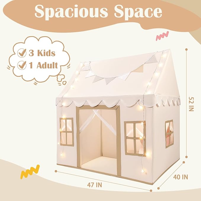Kids Play Tent with Non-Slip Mat, Star String, Decorating Flag, Machine Washable Large Playhouse, Indoor and Outdoor Play Tent for Kids, Cream, 47" x 40" x 52"