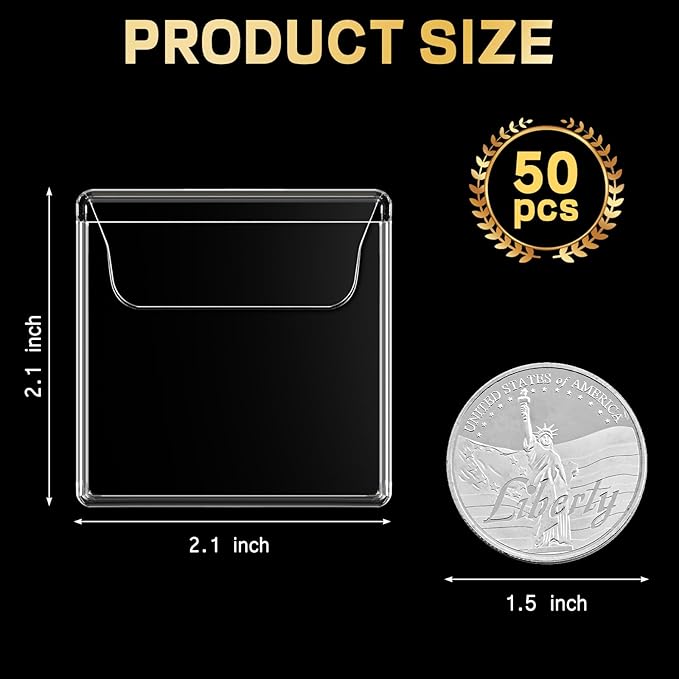 50PCS Single Pocket Coin Sleeves, 2.1 x 2.1 Inches Clear Plastic Coin Holders Individual Coin Protectors Small Pouches for Coin Currency Bills Collectors