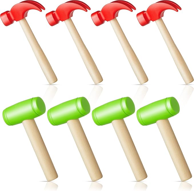 Deekin 8 Pcs Toy Hammer Simulation Small Wooden Plastic Maintenance Tools Hammers Educational Toys for Teens Girls Boys School Birthday Games Party Supplies (2 Style Toy Hammer)