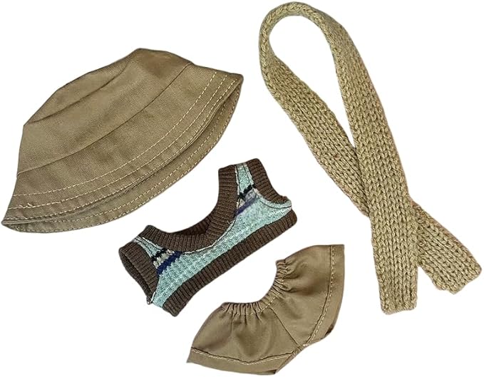 17cm/6.7in Clothes Set for Dolls - Cute Hat & Overalls Outfit, Soft Premium Fabric Dress Up Accessories Suit, Easy On/Off, NO Doll Included (Khaki Set V)