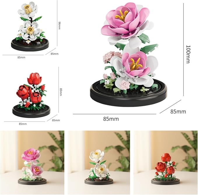 Mini Brick Flower Building Kit with Display Cover- 500PCS Micro Bricks for Realistic Artificial Flowers, Gardenia,Rosa multiflora Thunb and Rose,Perfect for Home Decor and Gifts