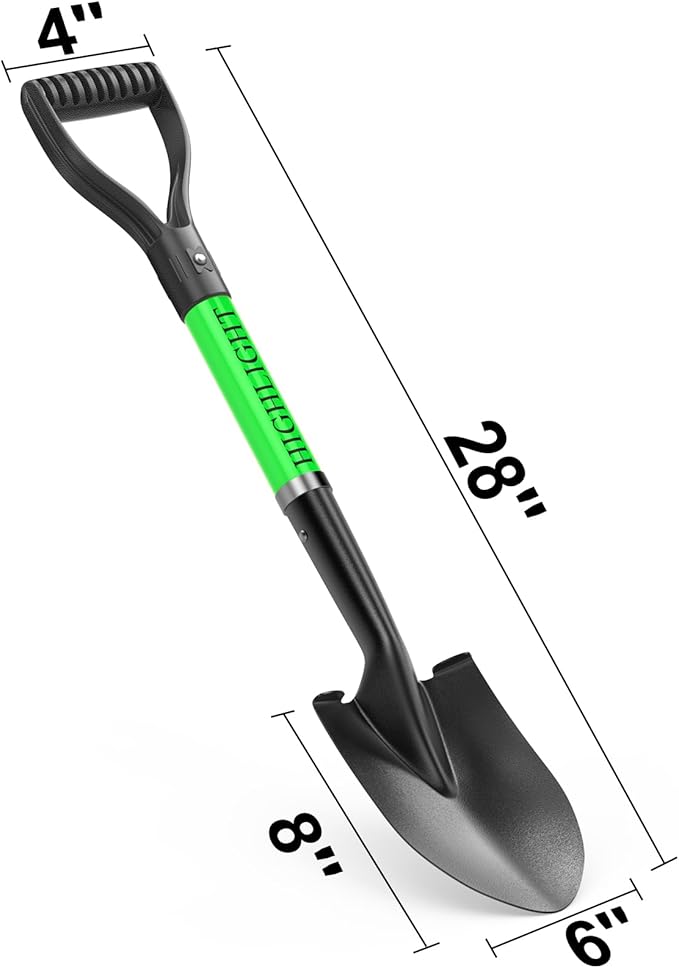 HIGHLIGHT Kids Shovel, Small Shovels for Digging, Overall Length 28 Inches, Mini D Handle, Gardening Shovel, Metal Beach Shovel, Camping, Snow, Fiberglass Handle, Green