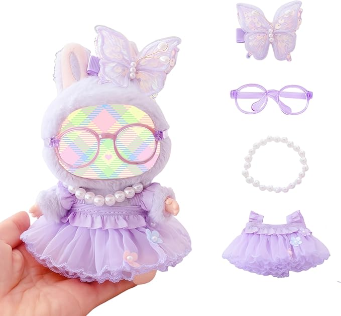 Clothes for Dolls Accessories, Outfit Set 4 Pieces Gauze Dress for 15cm 17cm Doll (No Doll), Romantic Skirt Doll Clothing Set Replacement Purple