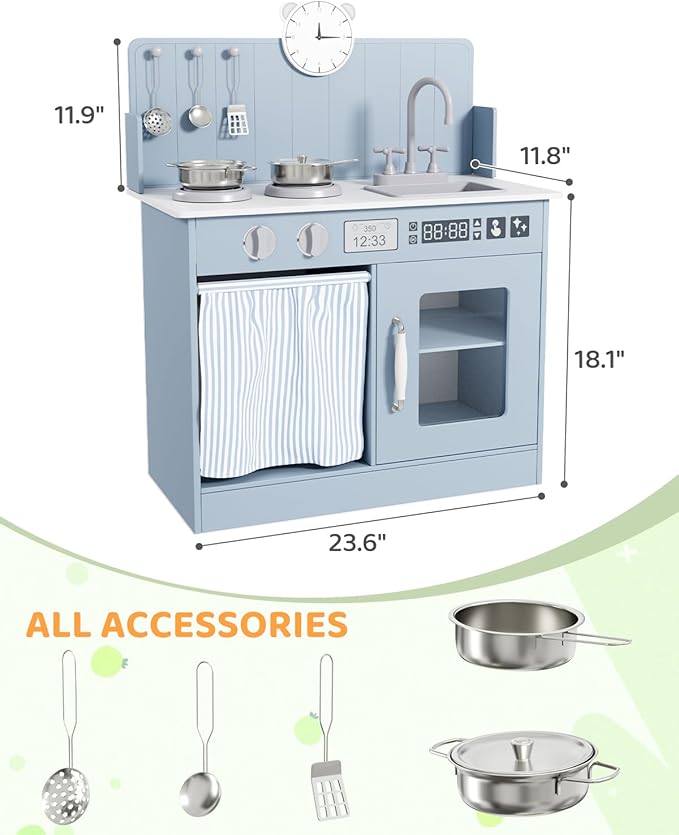 MAMIZO Kids Kitchen Playset with Ample Storage, Interactive Play Kitchen with Simulated Gas Cooker, Clicking Knobs, Sink, Faucet, 6 Pcs Cookware, Educational Clock for Toddlers (Blue)