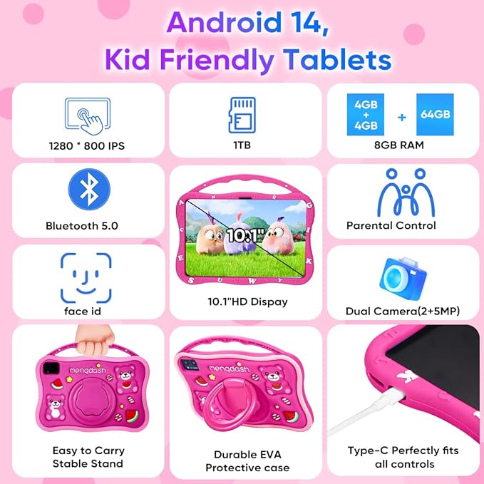 Kids Tablet, 10.1 inch Tablet for Kids 3-10, Educational Learning Toddler Tablet Android 14, 8GB RAM+64GB ROM Storage, 5G WiFi, Baby Girl boy Gift (Red)