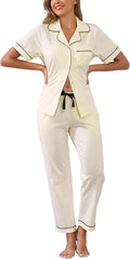 CF Womens 100% Cotton Pajamas Set Button Down Pjs Sets Short Sleeve Top & Long Pants Sleepwear Comfy Loungewear with Pockets