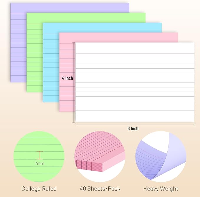 200 Pcs Colored Index Cards 4 x 6 Inch Ruled Index Cards, College Ruled Flash Cards for School, College, Office and Home Organization, Durable Study To Do List Note Cards with Lines, 5 Pack of 40