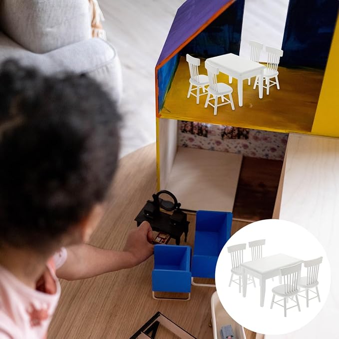 Homoyoyo 5 PCS 1/12 Wooden Dollhouse Furniture of Table Chair, Mini House Miniature Dining Table Chair, Miniature Furniture Set Dollhouse Accessories(White)