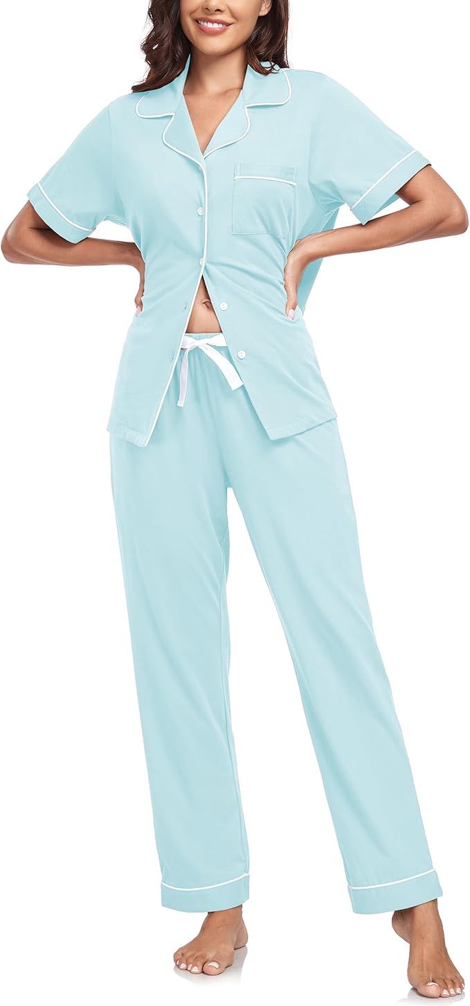 CF Womens 100% Cotton Pajamas Set Button Down Pjs Sets Short Sleeve Top & Long Pants Sleepwear Comfy Loungewear with Pockets