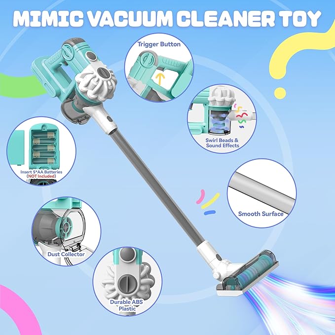 SMILESSKIDDO Kids Vacuum That Really Works - 3-in-1 Toy Vacuum with Real Suction, Apron, Cleaning Cloth, Duster & Colorful Beads, Toddler Cleaning Toy Set, Housekeeping Toy Gifts for Girls & Boys