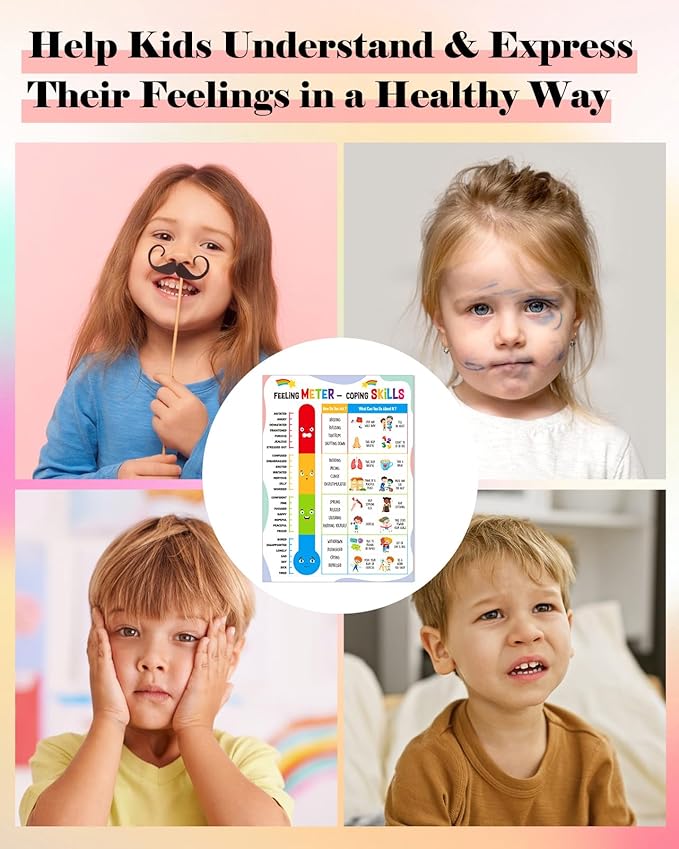 FLYAB Feelings Chart for Kids - Feeling Meter and Coping Skills Mental Health Posters Emotions Educational Poster for Toddlers 1-3 Kindergarten Preschool Classroom Calming Corner Decor