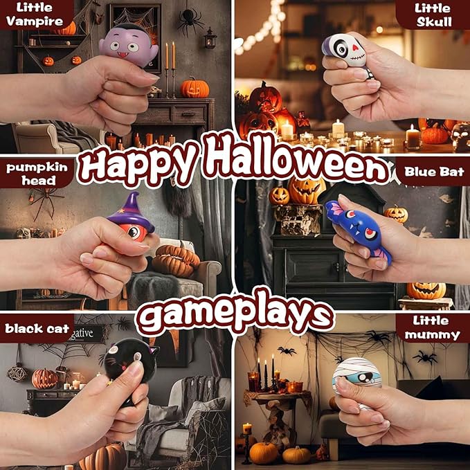 New 6 Packs-Halloween Squishies Toys Slow Rising, Gift Box Includes Pumpkin, Vampire,Black Cat,Mummy,Human Skeleton, Bat, Halloween Soft Stress Relief Toys for Girls,Boys,Kids Party(6pcs-4)