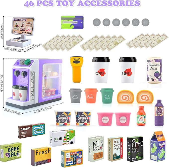 Pretend Play Cash Register Toy Set with Scanner, Play Money, Calculator, Coffee Machine and Play Food for Kids Ages 3+ (Purple)