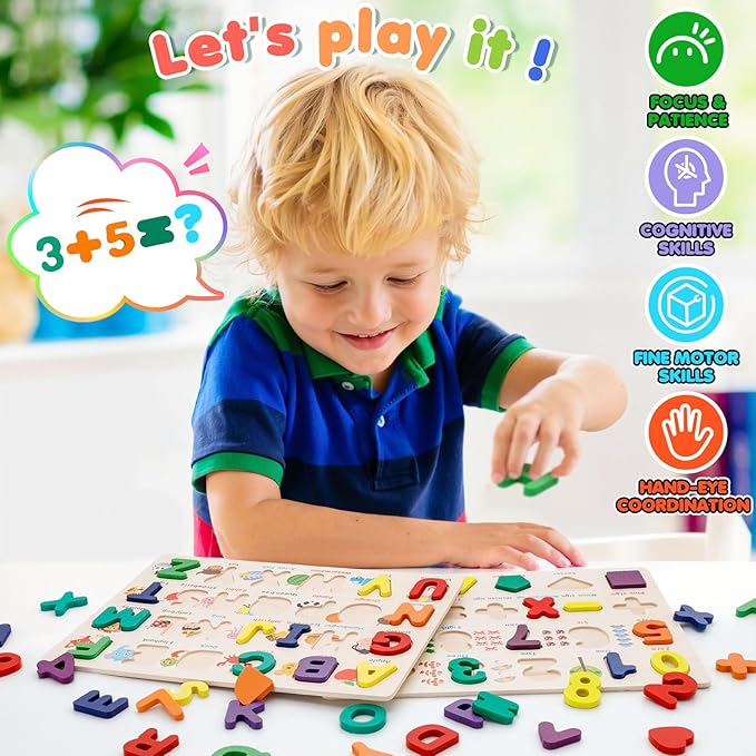 Attmu Alphabet Number Puzzle Wooden Puzzles for Toddlers 3 4 5 Year Old, ABC Puzzle Shape Alphabet Learning Puzzles Toys with Puzzle Board & Letter Blocks Preschool Educational for Girls Boys Set of 2