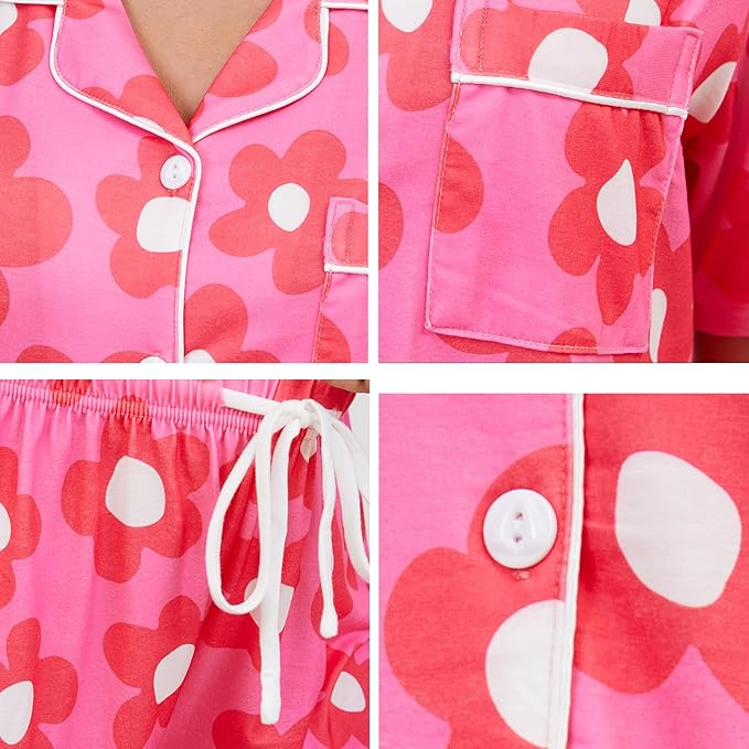 SWOMOG Womens Button Down Pajamas Set Short Sleeve Sleepwear Bride Soft Pj Lounge Sets XS-3XL