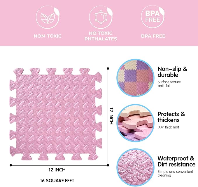 16-Tile Soft & Safe EVA Foam Play Mat for Baby - Square, Solid Colored Kids Puzzle Floor Mat, 47x47 - Purple/Pink/Loli Pink/Beige