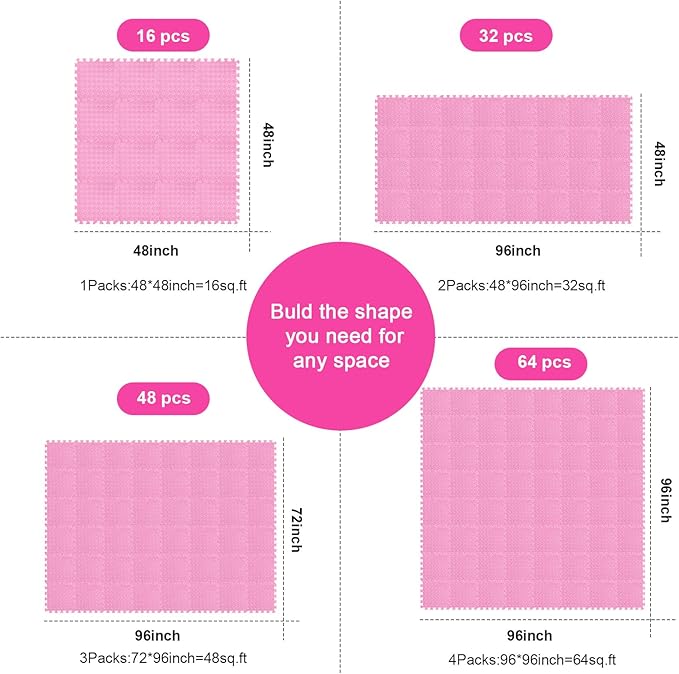 Shihanee 16 Pcs Foam Floor Baby Tiles 11.81 x 11.81 inches Foam Floor Mats Play Mats Bulk with Borders Interlocking for Kids Baby Playroom Nursery Gym（Light Pink）