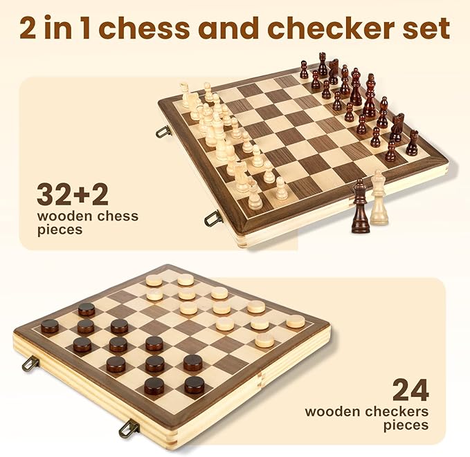 LEAP Magnetic Wooden Chess Sets 15.5 inch Foldable Chess Board 3 inch King Height Chess Pieces, Upper Checker Storage Slots for Beginer, Adults