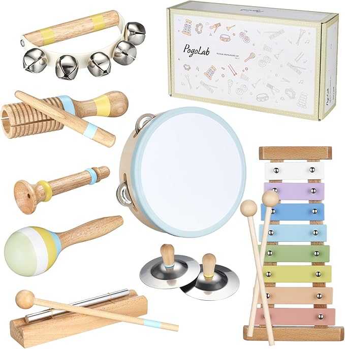 Musical Instruments for Toddlers,POGOLAB Montessori Toys,Educational Wooden Percussion Toys,Gifts for 3 Years Old Boys and Girls, Xylophone,Cymbal,Tambourine,Maraca,Hand Bells,Chime bar