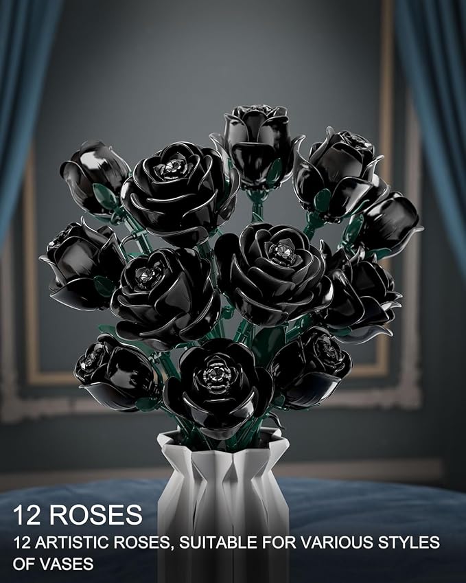 Black Roses Flower Building Set, Halloween Artificial Bouquet Kit Compatible with Legos Bricks - Indoor Plant Decorations for Home & Office - Romantic Gift for Women and Girls 6+