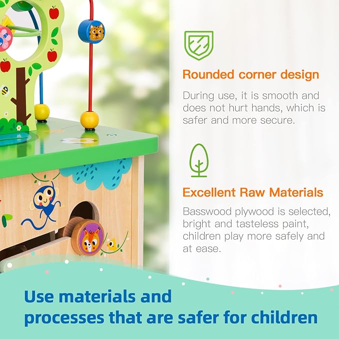 TOOKYLAND 5 in 1 Activity Center, Wooden Large Activity Play Cube 23"X13"X13", Wooden Learning Puzzle Toy for Toddlers, with Animal Friends, Shapes, Mazes, Shape Sorter