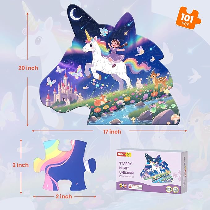 ELX 101 Piece Unicorn Jigsaw Puzzle for Kids Ages 4-10, Unicorn Shaped Floor Puzzle Preschool Learning, Educational Learning Toys for Kid Boys Girls Ages 4 5 6 7 8 (20 X 17 in)