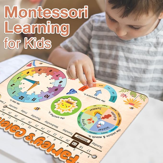 Interactive Calendar for Kids Ages 3+, Wooden Toddler Calendar, Teaching Seasons, Years, Months, Days of Week, Daily Activity Calendars for Kid Preschool & Homeschool (03 - Custom Name)