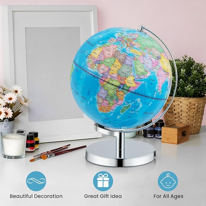 Nightcore World Globe for Kid Learning, 9'' Educational Classic World Globe with Metal Stand& Built-in LED Night Light, 88 Illuminated Constellations View, Desk Decoration Earth Map for School, Home, and Office