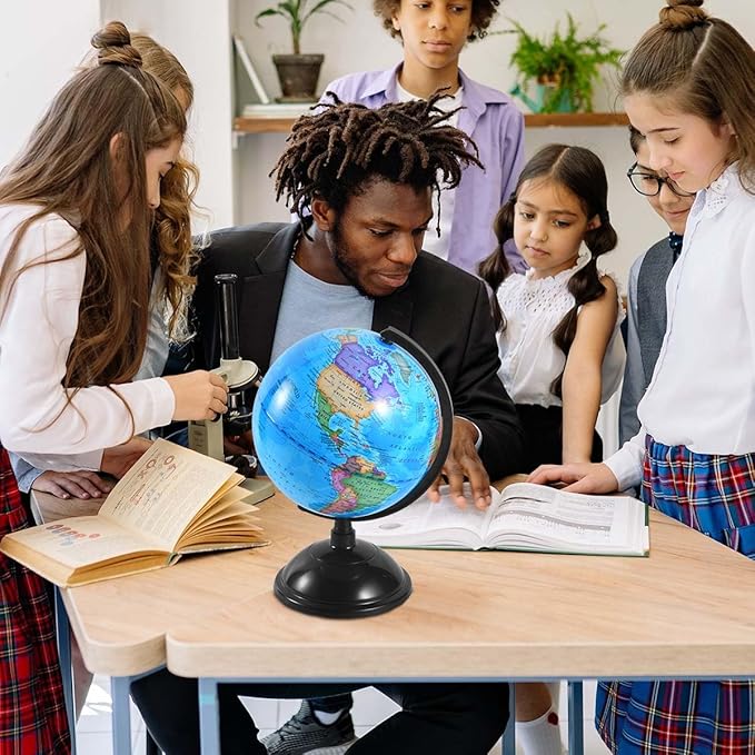 8 Inch World Globe with Stand Rotating Earth Spinning Globe for Kids Geography Classroom Education or Decorations (Blue)