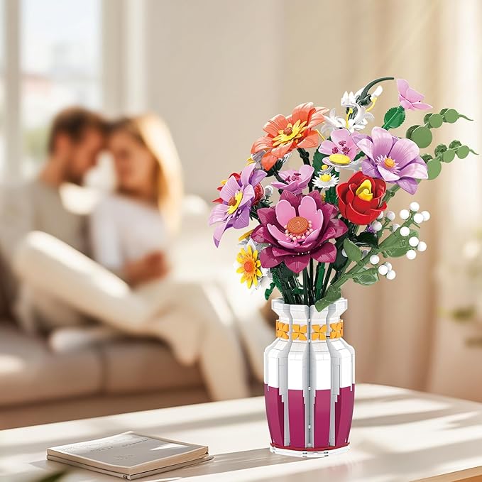 Dual-Tone Vase Flowers Bouquet Building Set, 16 Artificial Flowers Bouquet Sets for Adults & Women & Home Decor Living Room, Compatible with Lego Flowers Bouquet Botanicals Collection, 1278 PCS
