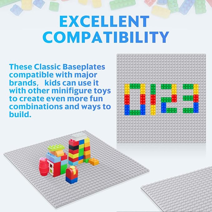 Classic Baseplates Building Plates-Pack of 10 Large 10" x 10" Building Bricks Compatible with All Major Brands,Perfect STEM Gift for Builders Age 3+,Grey