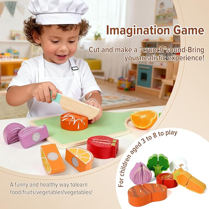Wooden Play Food Set for Toddlers,Cutting Food for Preschool Activities, Pretend Play Kitchen Accessories for Kids, Fake Food Kitchen Toys for Boys & Girls