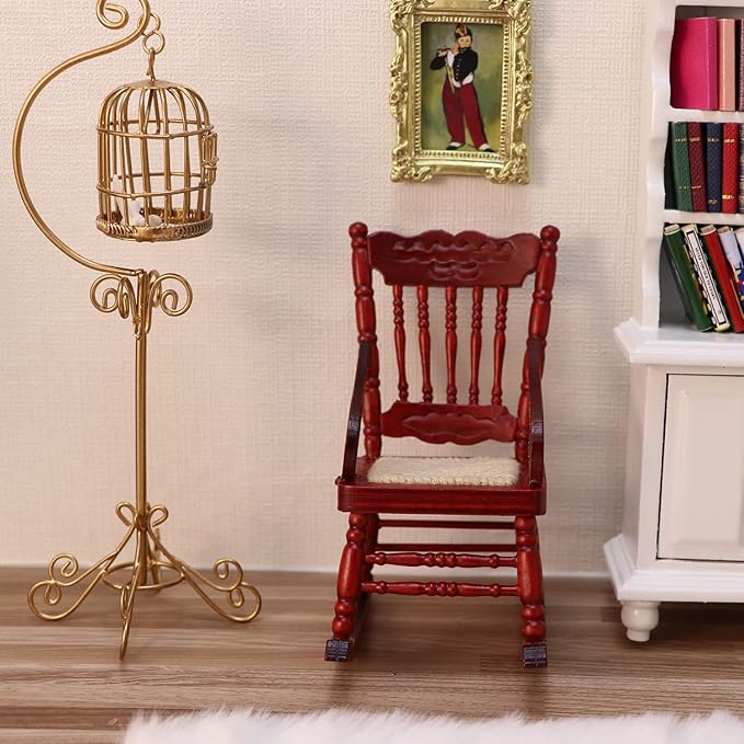 Dollhouse Miniature Rocking Chair 1:12 Scale Wooden Furniture Accessories Tiny Mini House Home Outdoor Cake Topper Decoration Model Living Room Scene Christmas Craft Displays (Red)