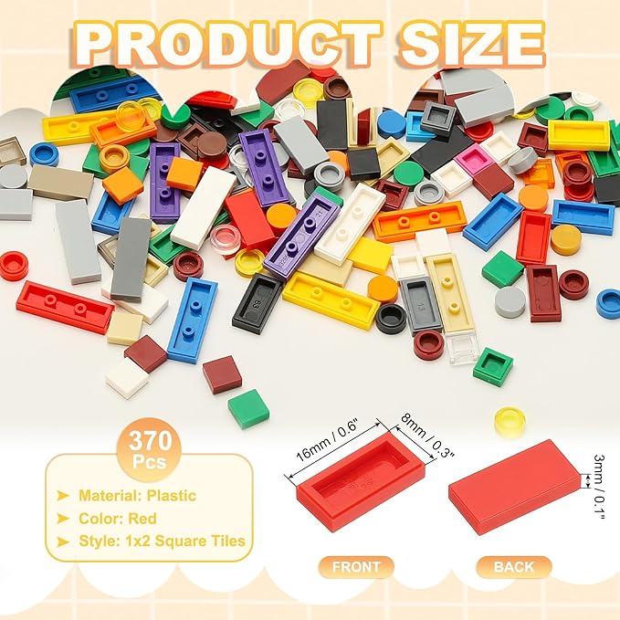 PATIKIL 370 Pcs Flat Blocks Bulk, 1x2 Square Red Classic Tiles Smooth Surface Mini Building Blocks Accessories Compatible Bricks Kits for Building Floor Walls Mosaic Pixel Arts