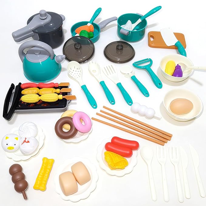 Kids Kitchen Toy Accessories, 61PCS Toddler Pretend Cooking Play Pots, Kitchen Playset, Play Pots, Pans, Utensils Cookware Toys, Play Food Set, Vegetables, Learning Gift for Girls Boys (Green)