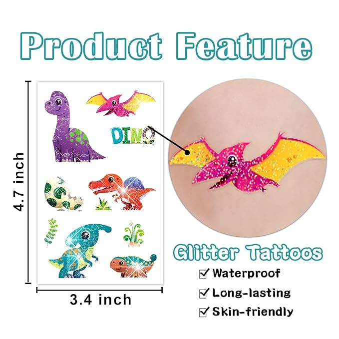 Partywind 120 Glitter Styles Dinosaur Tattoos for Kids Party Supplies, Dinosaur Birthday Party Favors Decorations, Fake Tattoo Stickers for Boys and Girls (12 Sheets)