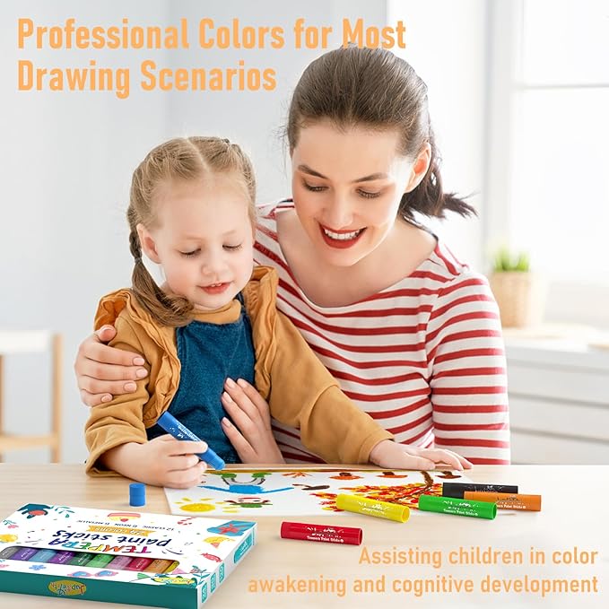 24 Colors Tempera Paint Sticks with 120 PDF Coloring Pages and 30 Stickers, Quick Drying, Smooth, Non-Toxic and Washable Paint Sticks for Kids Drawing on Pumpkin, Wood, Rock, Glass