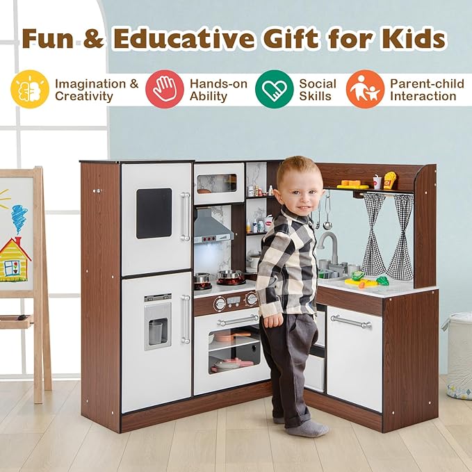 Costzon Kids Kitchen Playset, Toddler Pretend Toy Cooking Set w/Real Lights & Sounds, Sink & Faucet, Ice Maker, Microwave, Oven, 18 Cooking Accessories, Corner Play Kitchen for Kids Ages 3+ (Coffee)