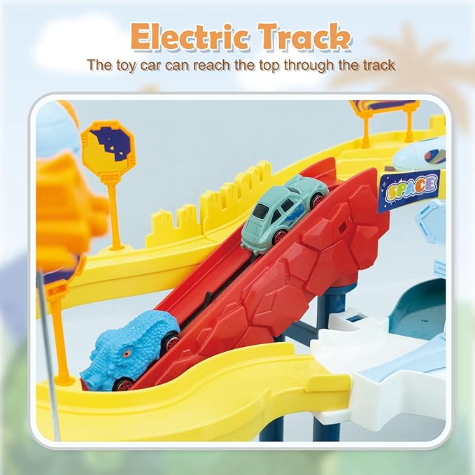 RedCrab Kids Space Car Playset Toy Ramp Track Set,Winding Highway Space Dinosaur Hill Toy,Light and Music Educational Toys for Age3+ Boys Girls with 4 Mini Cars & Map,Good Gift for Birthday Christmas