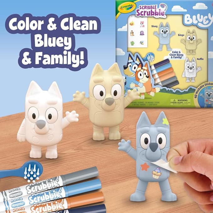 Crayola Scribble Scrubbies Deluxe Bluey Playset (3ct), Toddler Arts & Crafts Kit, Washable Stickers, Bluey Toys, Coloring Gift for Kids, Ages 3+