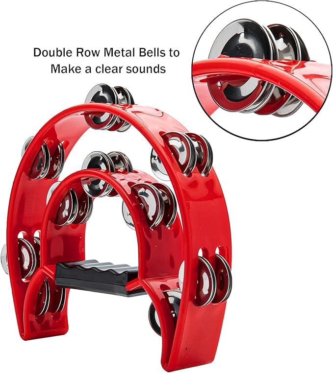 Musfunny Tambourine with Double Row Metal Jingles Hand Held Percussion Tambourines Musical Educational Instrument Gifts for Adults KTV Party (Red)