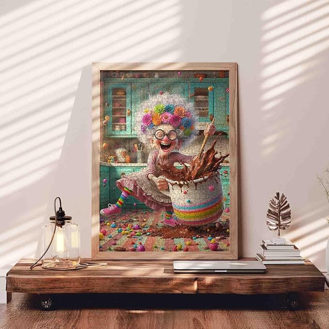 Granny Baking Jigsaw Puzzles for Adults Colorful Kitchen Chaos 1000 Pieces Puzzles for Challenging Family Activity Games Chocolate Splash Art Jigsaw Puzzle DIY Craft Puzzles Home Decor 20x27 Inches