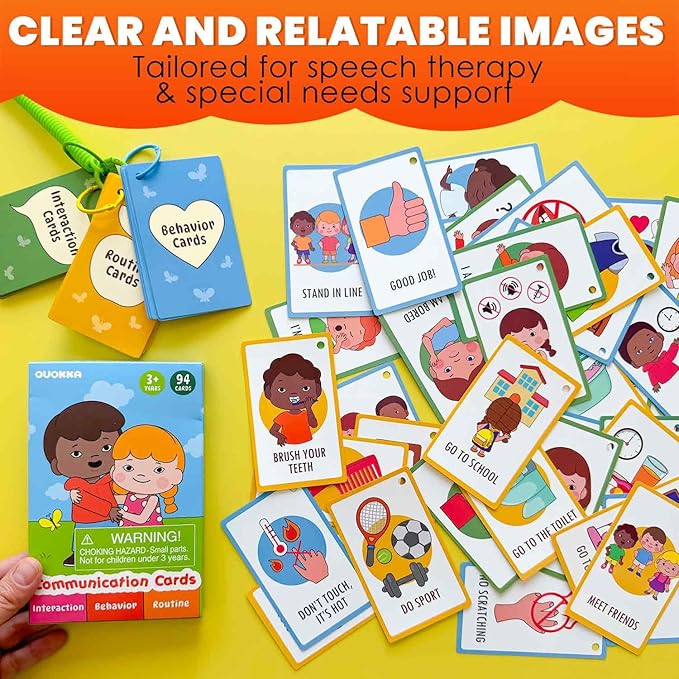 QUOKKA Autism Learning Materials - Communication Cards for Kids - 94 Visual Flashcards with 3 Rings & Clip
