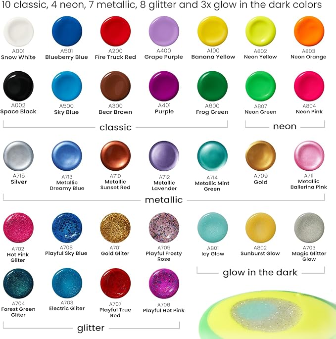 ARTEZA 32 Tempera Paint, 2.03oz/60ml Bottles, Washable Tempera Paint for Kids, Includes Neon, Glitter & Glow-in-The-Dark