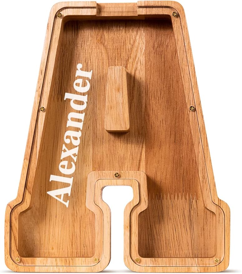 Summidate Customized Name Large Wooden Piggy Bank for Kids Boys Girls Alphabets Letter A-Z Coins Bills Money Change Bank Box Initial on Clear Cover (Laser Engraved) (Alphabet-A, Personalized-9")