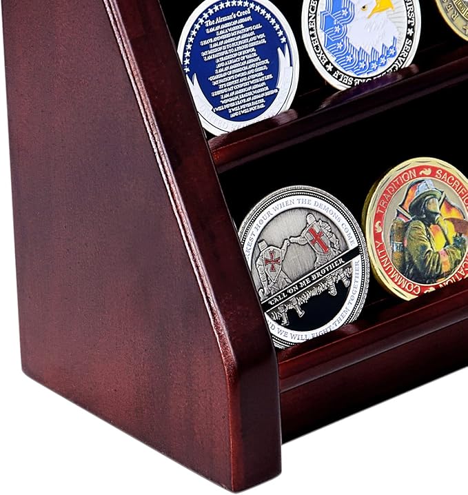 3 Rows Wooden Challenge Coin Wall Display Stand - Military Coin Holder Army Coins Rack, Holds 21-24 Coins, Mahogany