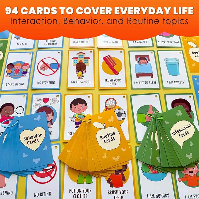 QUOKKA Autism Learning Materials - Communication Cards for Kids - 94 Visual Flashcards with 3 Rings & Clip