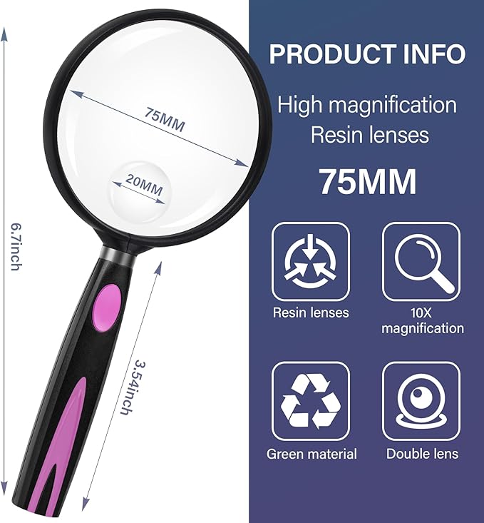 Feosky Handheld Reading Magnifier, 10X 30X Magnifier, 75mm Shatterproof Lens, Non-Slip Handle for Adults Close Work, Seniors Reading and Kids Nature Exploration, Hobby Observation(Purple/Black)