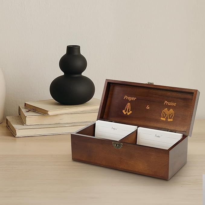 Generic Prayer Box, with Double Sided Cards, Engraved Gold Lettering, Designed Interior, Brown, xinke 3