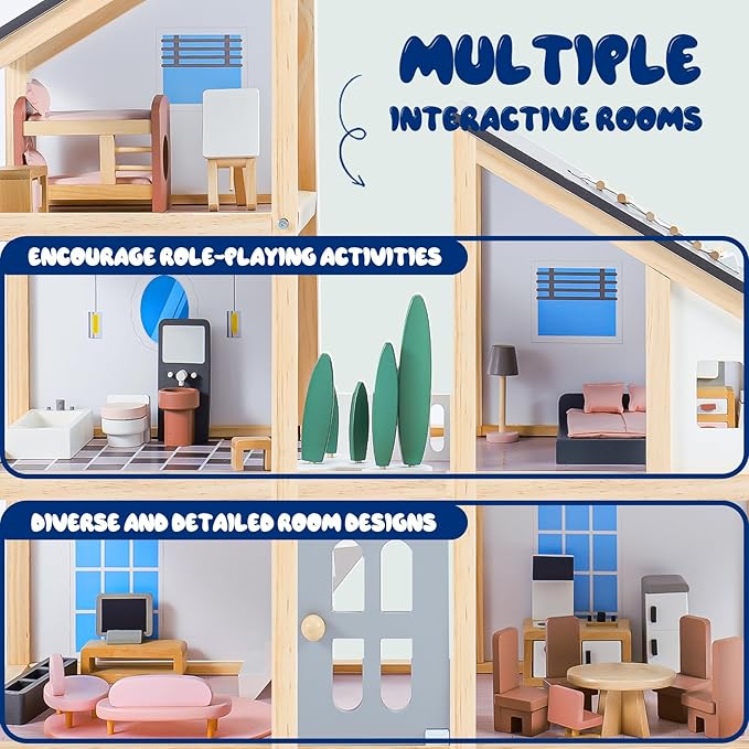 Large Wooden Doll House for Kids Ages 3+, Sturdy Modern Family Dollhouse Kit with Realistic Furniture Design, Educational Wooden Toy House for Toddlers Early Learning & Creative Play